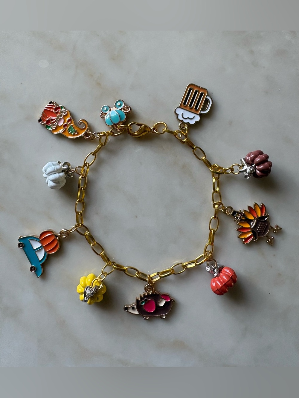 Fall Charm Bracelet with Multicolor Enamel Charms pumpkin turkey gnome beer